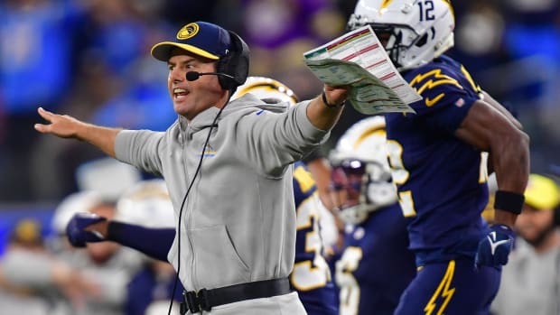 Nov 26, 2023; Inglewood, California, USA; Los Angeles Chargers head coach Brandon Staley reacts after Baltimore Ravens place kicker Justin Tucker (9) misses a field goal kick during the second half at SoFi Stadium.